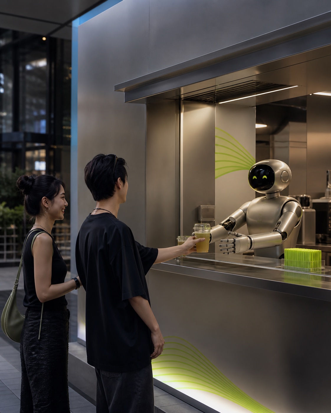 顾客从机器人智能店长手中接过现制茶饮